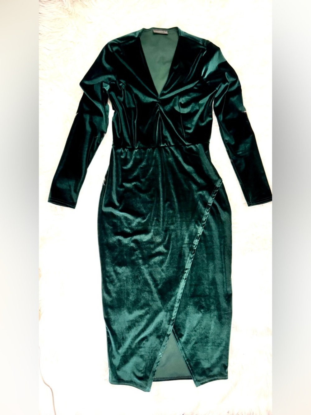 Club L London Deep Evergreen Velvet Midi Dress | Long Sleeve Wrap Slit | Size M - Picture 2 of 15